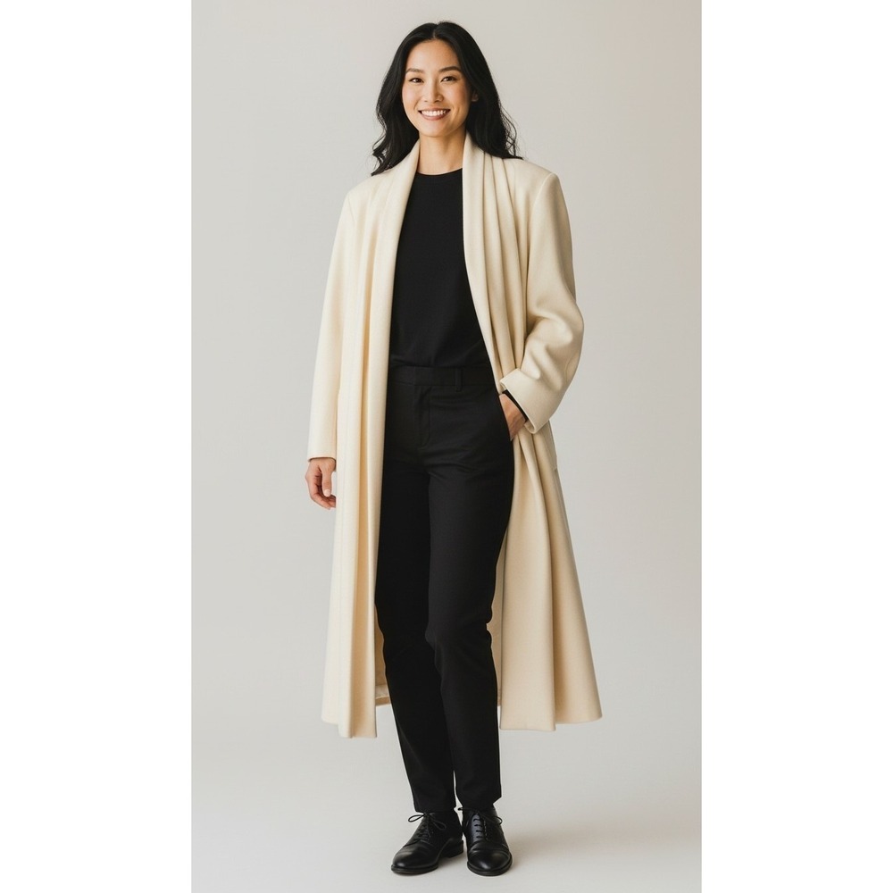 Vintage Portrait 100% Pure Wool Ivory Long Duster Topper Coat Open Front USA M